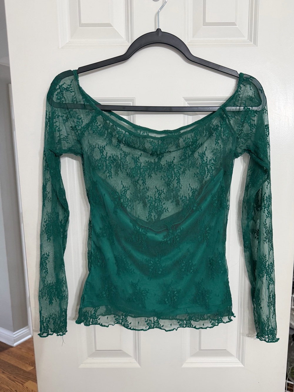 Elodie Emerald Green Sheer Lace Long Sleeve Top